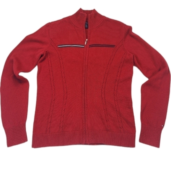 Tommy Hilfiger Full Zip Long Sleeve Sweater Jacket Cable Knit Red, Size Medium - Picture 1 of 15